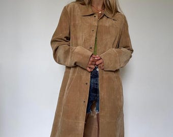Women Suede Leather Coat 1970s Brown Trench Coat Women Vintage Bohemian Y2k Long Leather Coat Genuine Suede Leather Women Coat