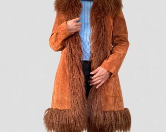 Penny Lane Coat 70s Vintage Afghan Mongolian Fur Coat Genuine Suede Leather Shearling Coat Women Boho Lining Fur Winter Coat