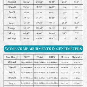 May include: A chart showing women's clothing size measurements in inches and centimeters. The chart includes size range, bust, waist, hips, sleeves, and shoulder measurements.