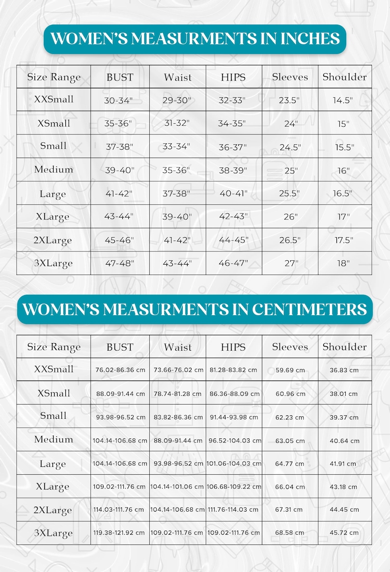 May include: A chart showing women's clothing size measurements in inches and centimeters. The chart includes size range, bust, waist, hips, sleeves, and shoulder measurements.