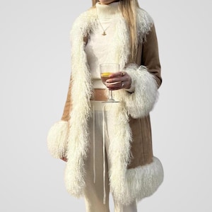 Women Brown Penny Lane Coat 70s Bohemian Mongolian Fur Coat Vintage Afghan Shearling Coat