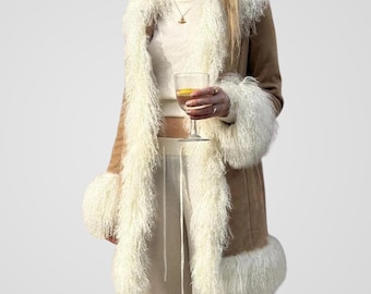 Women Brown Penny Lane Coat 70s Bohemian Mongolian Fur Coat Vintage Afghan Shearling Coat
