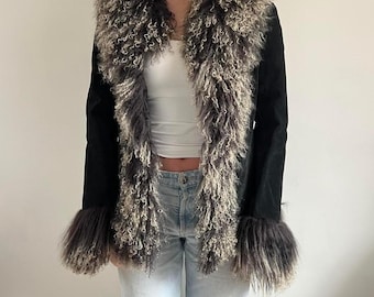Women's Penny Lane Mongolian Fur Jacket 70's Vintage Black Suede Leather Boho Afghan Ladies Coat Gift For Her