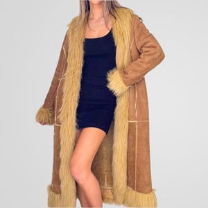 Women Brown Afghan Shearling Long Coat Vintage Penny Lane Coat Y2k 70s Bohemian Fur Trim Coat