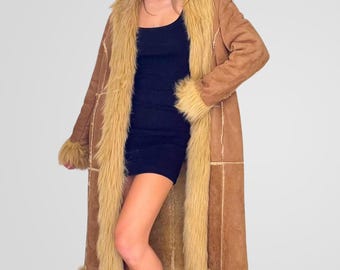 Women Brown Afghan Shearling Long Coat Vintage Penny Lane Coat Y2k 70s Bohemian Fur Trim Coat
