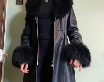 70's Vintage Penny Lane Fur Coat Black Trench Coat Leather Boho Glam Outerwear Sheep Leather Handmade Fur Coat