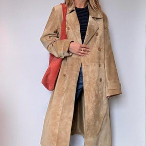 Women&#39;s Long Suede Trench Coat – Double Breasted Belted Overcoat - Women Long Suede Cream Coat Suede Leather Outwear Coat Winter Coat
