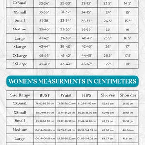 May include: A teal chart titled "WOMEN'S MEASURMENTS" shows size ranges from XXSmall to 3XLarge, with bust, waist, hips, sleeves, and shoulder measurements in inches and centimetres.