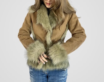 Real Suede Penny Lane Coat With Faux Fur | 70s Boho Shearling
