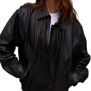 90s Oversized Women’s Leather Jacket – 100% Real Leather, Vintage Bomber Style, Handmade Black Leather Coat, Casual, Fall And Winter Fashion
