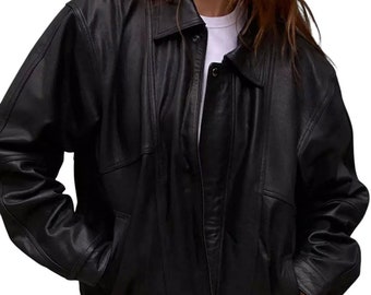 May include: A black leather bomber jacket with a zipper closure and a stand-up collar.