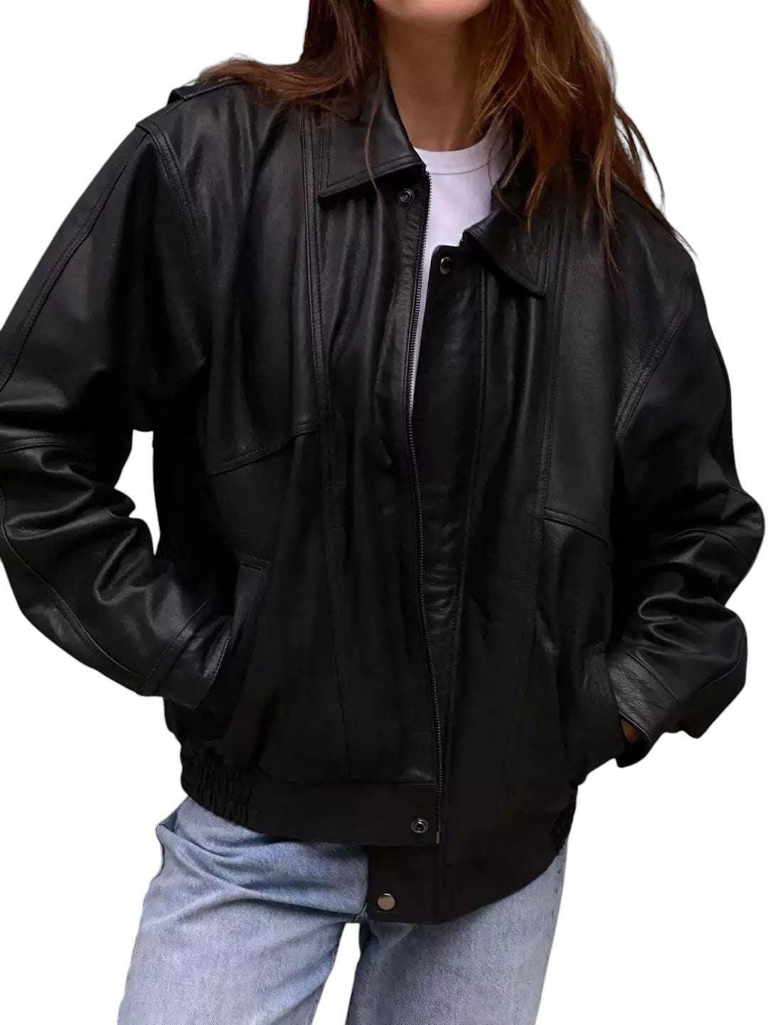 90s Oversized Leather Bomber Jacket: Handmade Vintage Style - Etsy