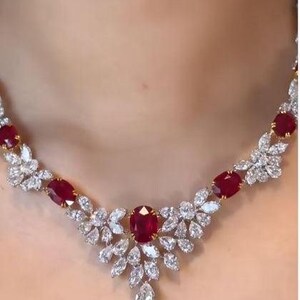 Beautiful Ruby Red Burmese Pigeon Blood Rubies Diamond Cluster Art Deco Bridal Necklace Set, Drop Earrings Handmade Ring