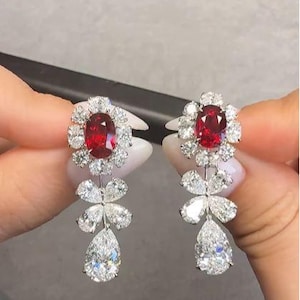 Unique 2.5 Ctw Burmese Pigeon Blood Oval Rubies Ruby White Diamond Cluster Art Deco, Floral Earrings