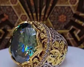 Groene moissaniet herenring in sultanstijl, goudzilver 925, handgemaakte ambachtelijke sieraden