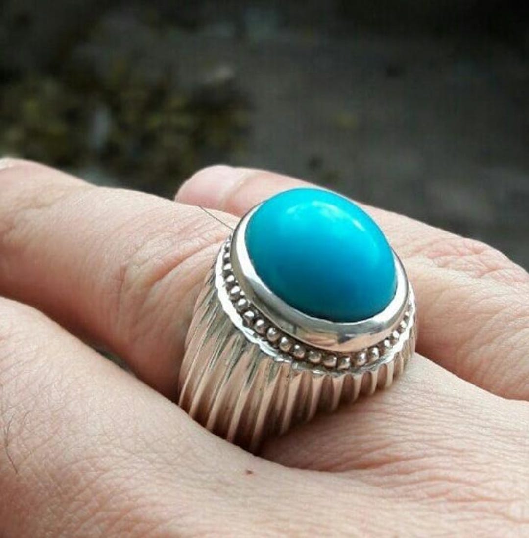 Natural Stone Turquoise Mens Ring 925 Sterling Silver Feroza Handmade ...