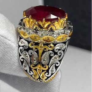 Natural Oval Ruby Ring, 13ct Dark Red Gemstone, Sterling Silver Gold Plated Design