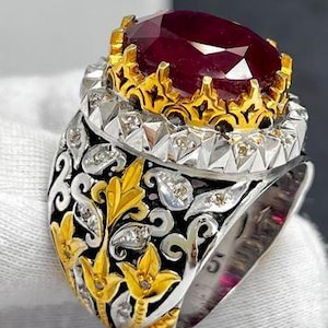 Natürlicher Afrikanischer Yakoot Ring, 15 Karat Rubin, Sterlingsilber Vergoldeter Ring