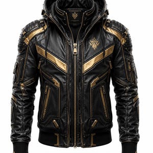 Puede incluir: Chaqueta de cuero negra con detalles dorados, capucha y múltiples cremalleras. La chaqueta presenta rayas doradas en el pecho y los hombros, con paneles decorativos y un dobladillo acanalado. Un logotipo es visible en el pecho.