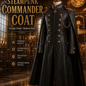 Płaszcz dowódcy w stylu steampunk, męski, czarny, gotycki, wojskowy płaszcz z odpinaną peleryną, wiktoriański, długa skórzana kurtka cosplay