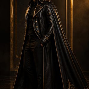 May include: A long black leather coat featuring a high collar, gold-toned buttons, and gold piping along the edges. The coat includes an integrated cape-like back panel and gold embroidered scrollwork details near the bottom hem of the garment.