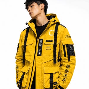 Herr Gul Techwear Jacka Cyberpunk Huvad Taktisk Streetwear Utility Jacka