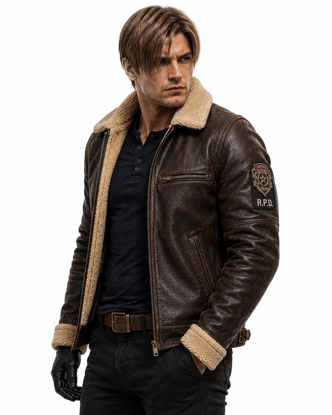 Resident Evil RPD Leather Jacket, Distressed Brown Sherpa Bomber Jacket ...
