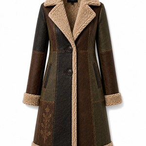 Penny Lane Coat | Bohemian Patchwork Faux Shearling Coat - Vintage 70s Suede Winter Jacket • Long Boho Coat for Women