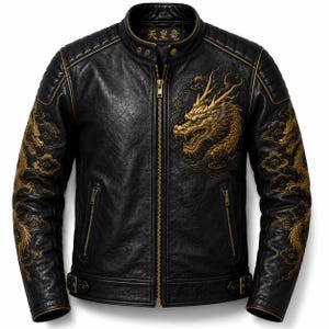Op de afbeelding: Een zwart leren jack met goudkleurige details, een opstaande kraag met twee drukknopen en een centrale ritssluiting. De borst en mouwen zijn versierd met gouden borduursels van draken en wolken. Het binnenlabel bevat de tekst 天皇竜.