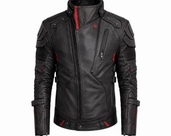 Jaqueta de couro cyberpunk masculina, jaqueta futurista de motociclista, jaqueta techwear para motociclistas, casaco tático punk preto para presente.