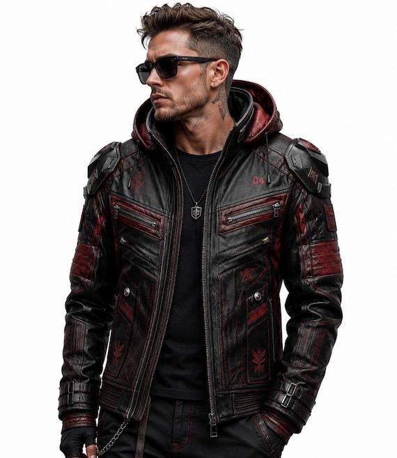 Cyberpunk Jacket | Black Red Tactical Leather Jacket with Hood - Futuristic Biker Techwear Coat • Gothic Streetwear
