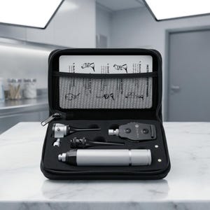 Könnte beinhalten: Ein schwarzes Etui mit Reißverschluss enthält ein silbernes medizinisches Diagnose-Set. Das Set umfasst einen Otoskopkopf, einen Ophthalmoskopkopf mit dem Markennamen ZNIRY und einen silbernen Griff. Eine weiße Anleitung steckt im Netzfach.