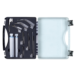 May include: A medical laryngoscope set housed in a black foam-lined carrying case. The kit includes two silver-toned metal handles with ribbed grips and several curved and straight stainless steel blades of varying sizes for intubation procedures.