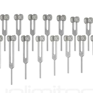 Pode incluir: Uma coleção de quinze diapasões de metal em tom prateado dispostos em duas fileiras. Cada diapasão apresenta um design de duas pontas com pesos circulares fixados nas extremidades superiores e um cabo reto na base, com texto gravado na haste.