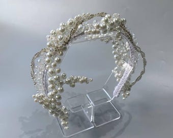 Fascia per capelli da sposa di perle di lusso – Tiara da sposa fatta a mano, corona di cristalli e perle, elegante accessorio per capelli per la sposa