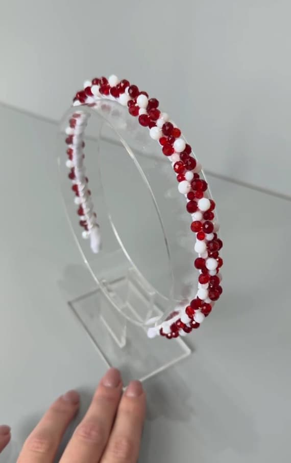 Minimalist Red & White Beaded Headband - Etsy display picture 1