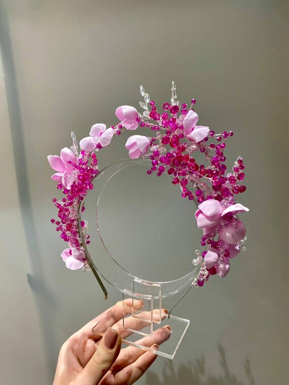 Stunning Handmade Pink & Purple Flower Crown. Fresh Flower Purple Crown | Woman Head Band | Floral Hair  main image 2