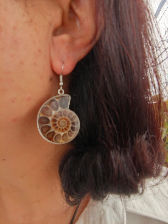 Ammonite Fossil Dangle Earrings – Handmade Natural Stone Boho Jewelry