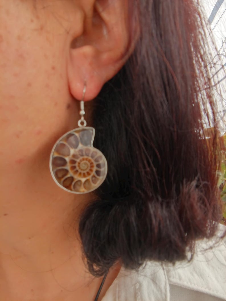 May include: Silver earrings with a brown and white ammonite fossil pendant.
