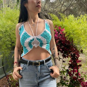 Handmade Crochet Butterfly Bralette: Boho Cotton Halter Top