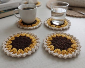 Crochet Sun Coaster Set of 4, Handmade Boho Mug Mats, Housewarming Gift