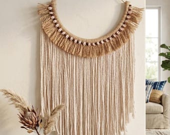 Boho Seashell Macrame Wall Hanging, Jute Fringe Decor, Coastal Wall Art, Handmade