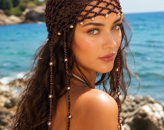 Handmade  Crochet Headpiece, Beaded Fringe Skullcap, Boho Festival Accessory