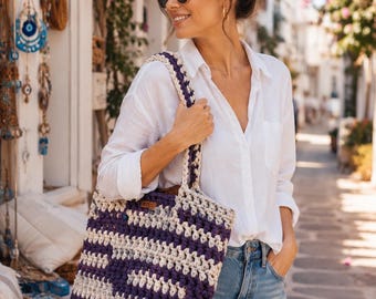 Handmade Crochet Tote, Cotton Market Carryall, Casual Shoulder Accessory, Boho Beach Style