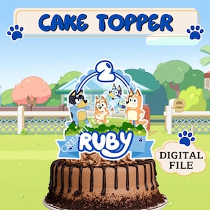 Adorno para tarta personalizado Bluey, archivo PNG PDF imprimible personalizado, decoración para fiesta de cumpleaños con chili y bingo de perro, perfecto para bebé, azul