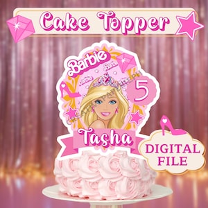 Adorno para tarta de muñeca rosa personalizado, archivo PNG PDF imprimible personalizado, decoración de casa de muñecas Barbi para fiesta de cumpleaños para niñas, adolescentes y adultos