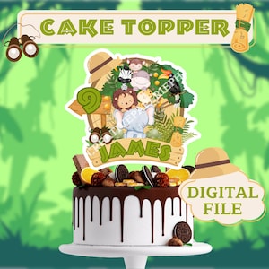 Adorno para tarta personalizado de safari en la jungla, archivo PNG PDF imprimible personalizado, león, mono, cebra, elefante, decoración para fiesta de cumpleaños y baby shower.