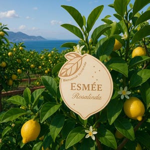 Targhetta con nome a forma di limone Biglietto di auguri di nascita personalizzato con nome a forma di limone