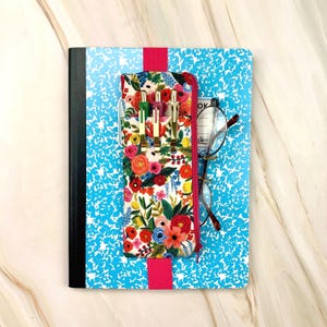 Attachable Floral Pen Pouch for 9.5 to 10.5 inch Long Notebook, Book Band Pen & Glasses Holder with Elastic Band, Protective Case for Agenda