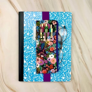 Attachable Floral Pen Pouch for 9.5 to 10.5 inch Long B5 Notebook, Purple Pen & Glasses Holder with Elastic Band for Journal Planner Agenda